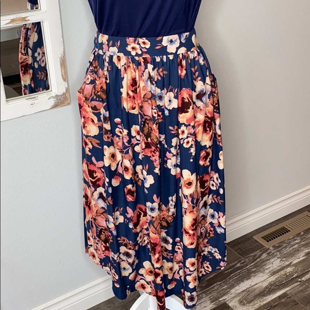 Navy Blue Floral Midi Skirt